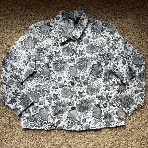 Chicos Jacket NWT Womens 16 Size 3 Black White Gray Floral Jacquard Button Up - Picture 1 of 8